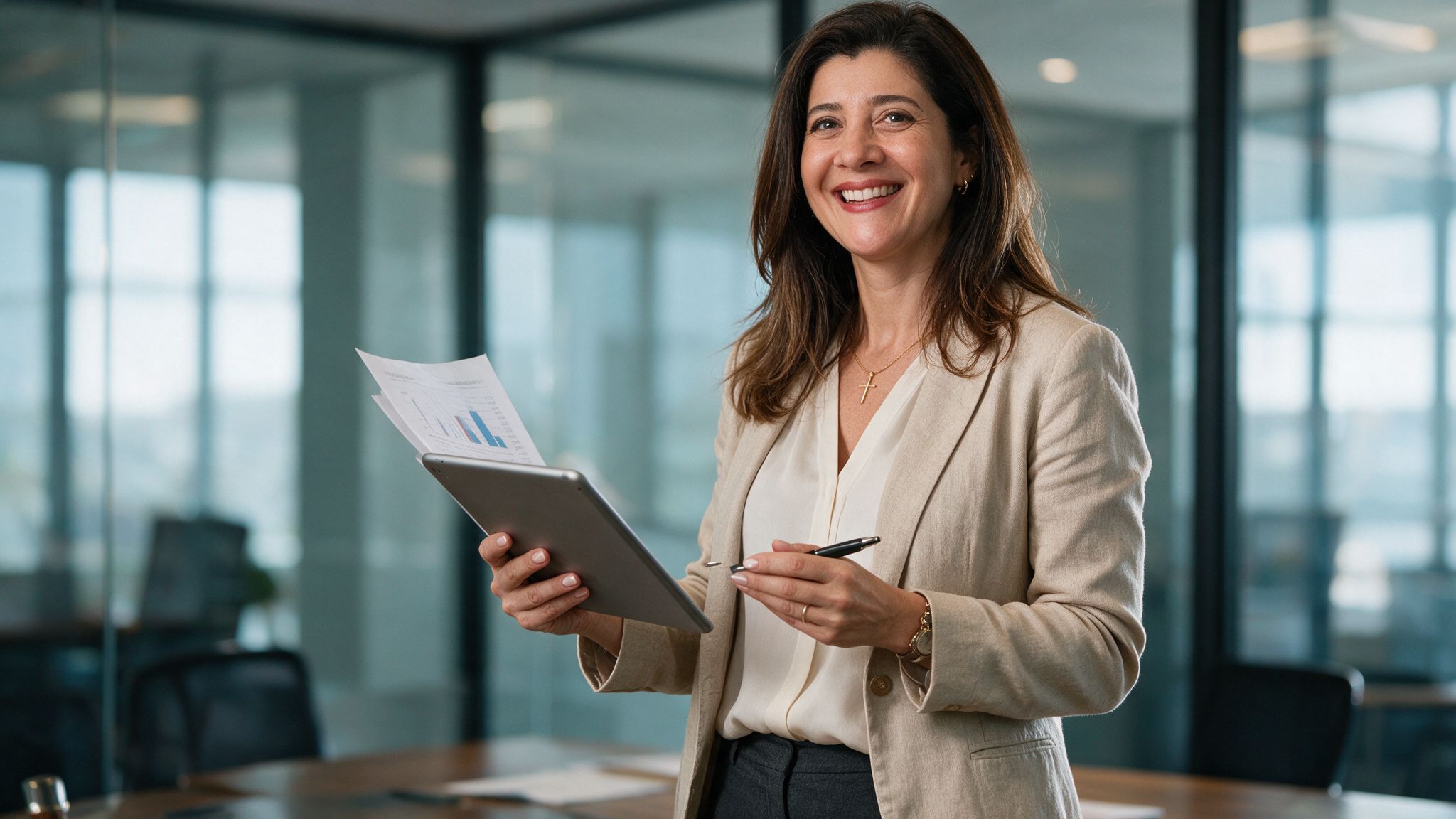 Marcia Pereira sorrindo, de blazer claro, em um escritório de vidro