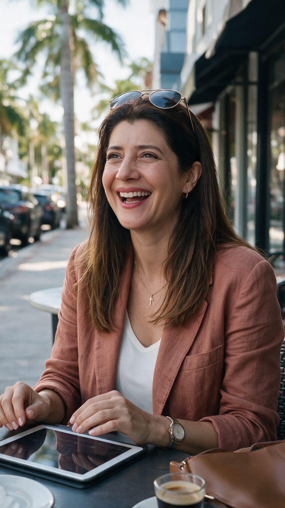 Marcia rindo em um café em Miami